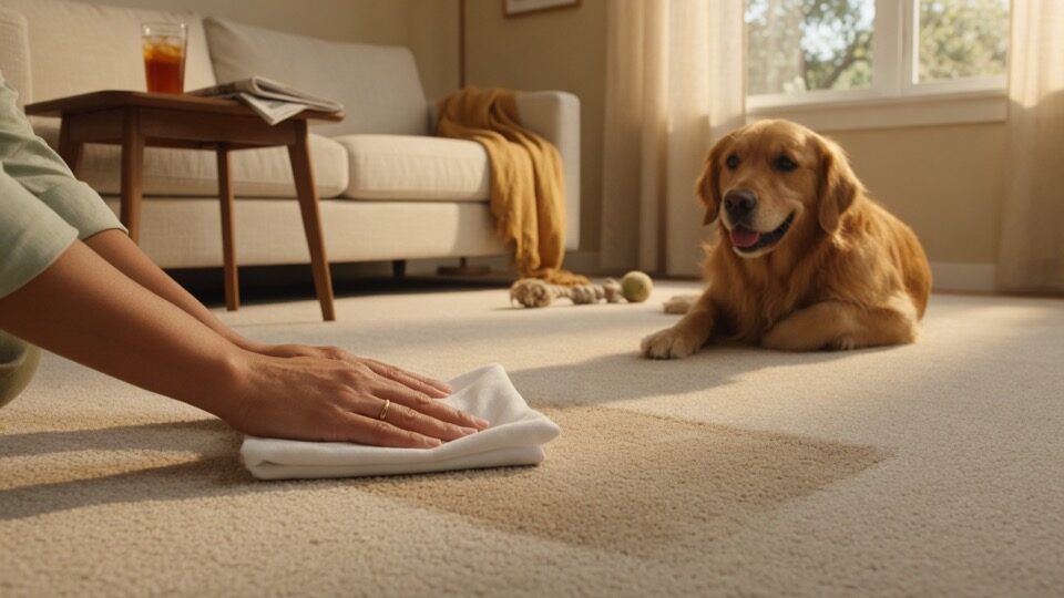 Pet owner with common carpet cleaning supplies looking for a better way