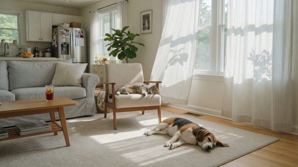 Bright clean living room with relaxed pets after odor cleanup