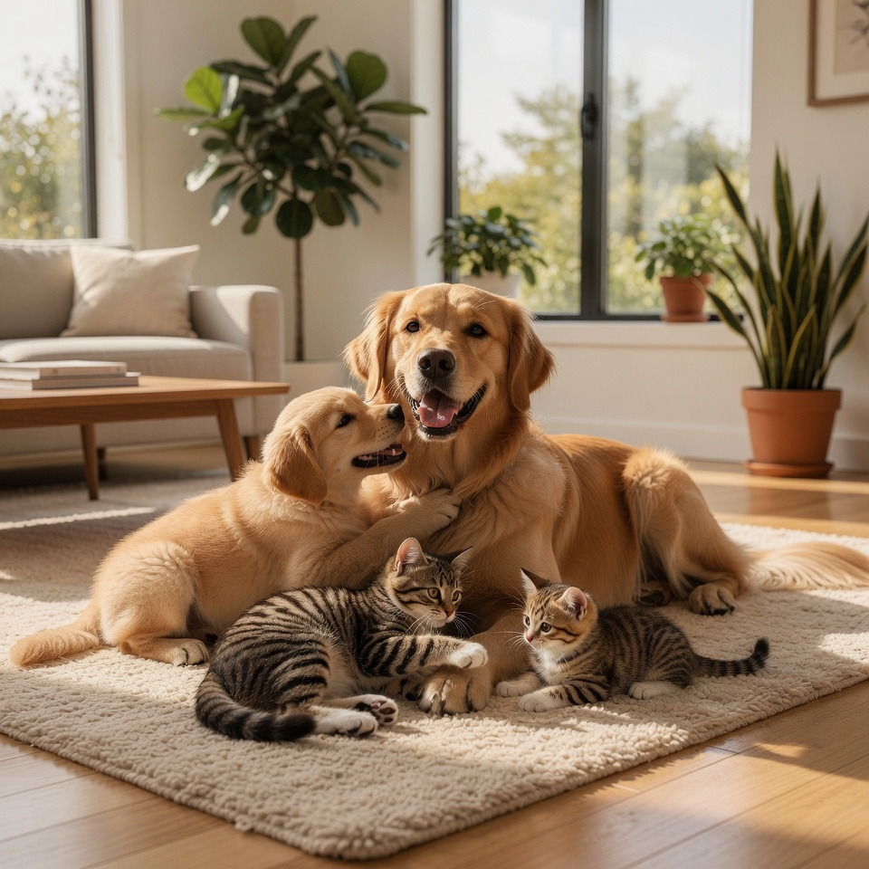 Golden puppy and tabby kitten in a clean living room - Revenge Works pet stain and odor remover