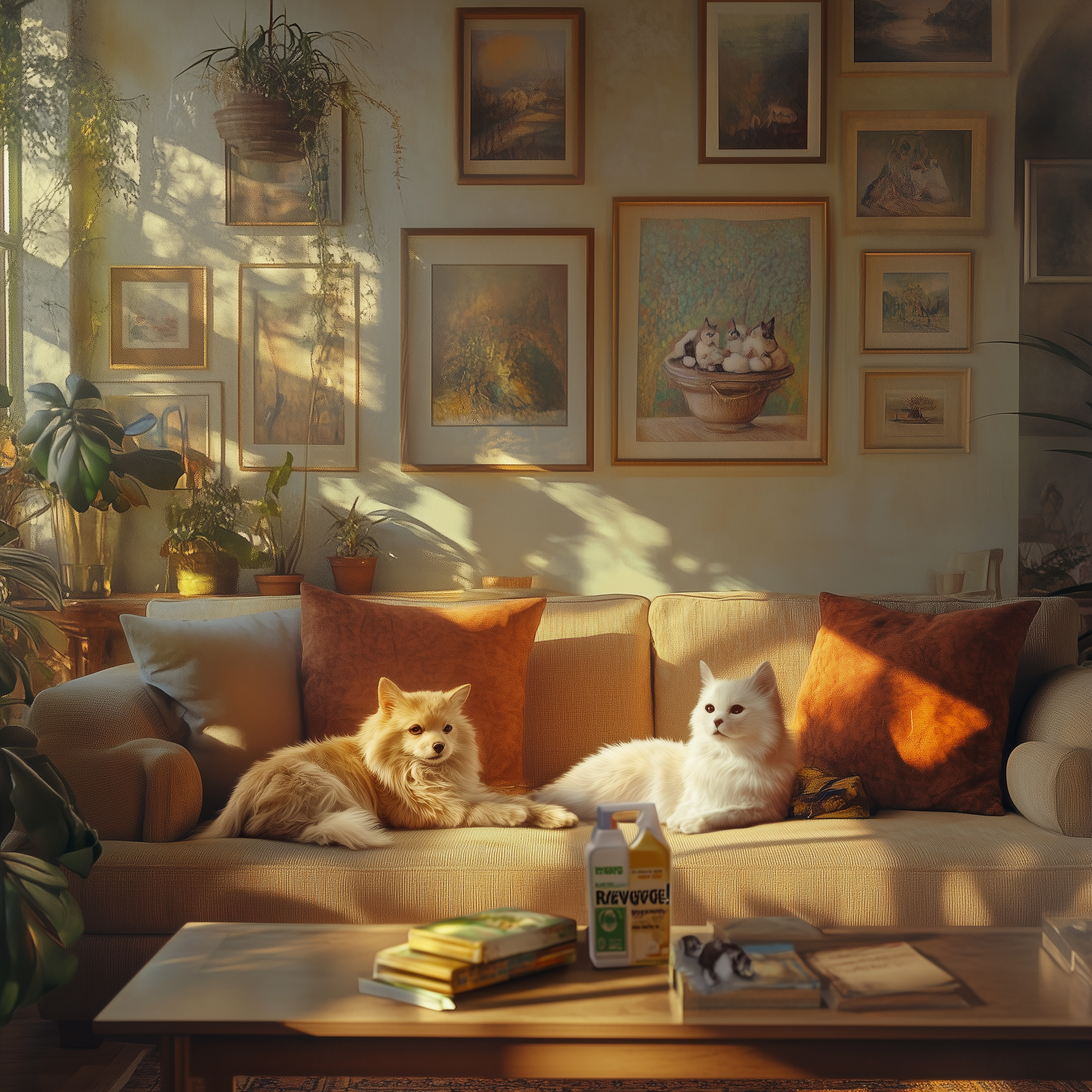 Happy pets on a clean couch - Revenge Works pet stain and odor remover